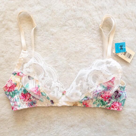 Other - Vintage white lace bralette with pink and green floral details. Size 34
